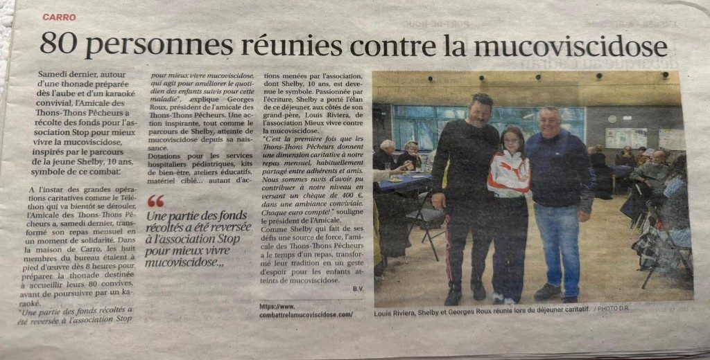 Coupure de presse : 80 personnes réunies contre la mucoviscidose à Carro — Louis Rivierra, Shelby et Georges Roux